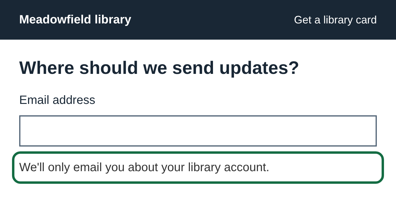 The same form has a dark gray instruction under the email box, inside a green outline.