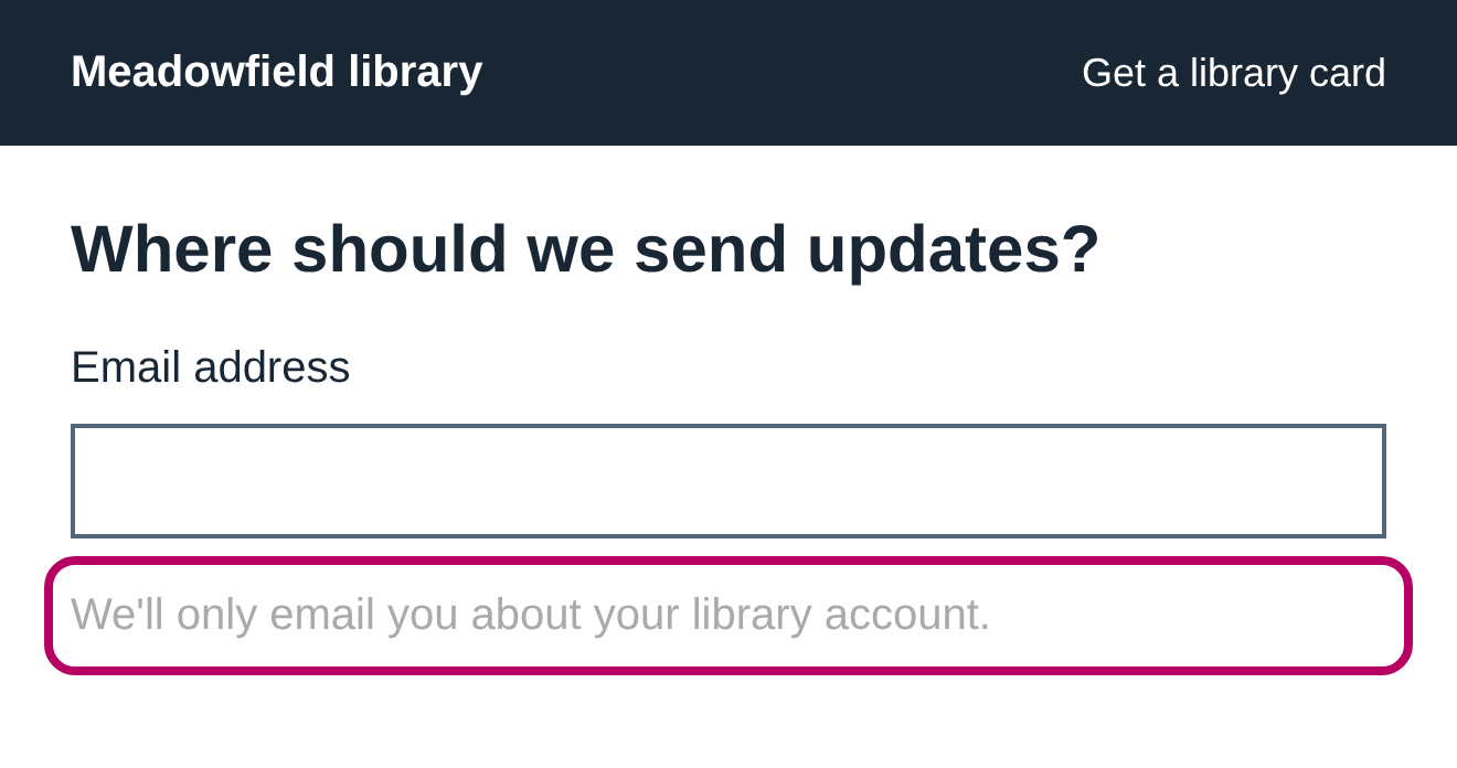 An email form has a pale gray instruction saying it will only send account updates, inside a pink outline.