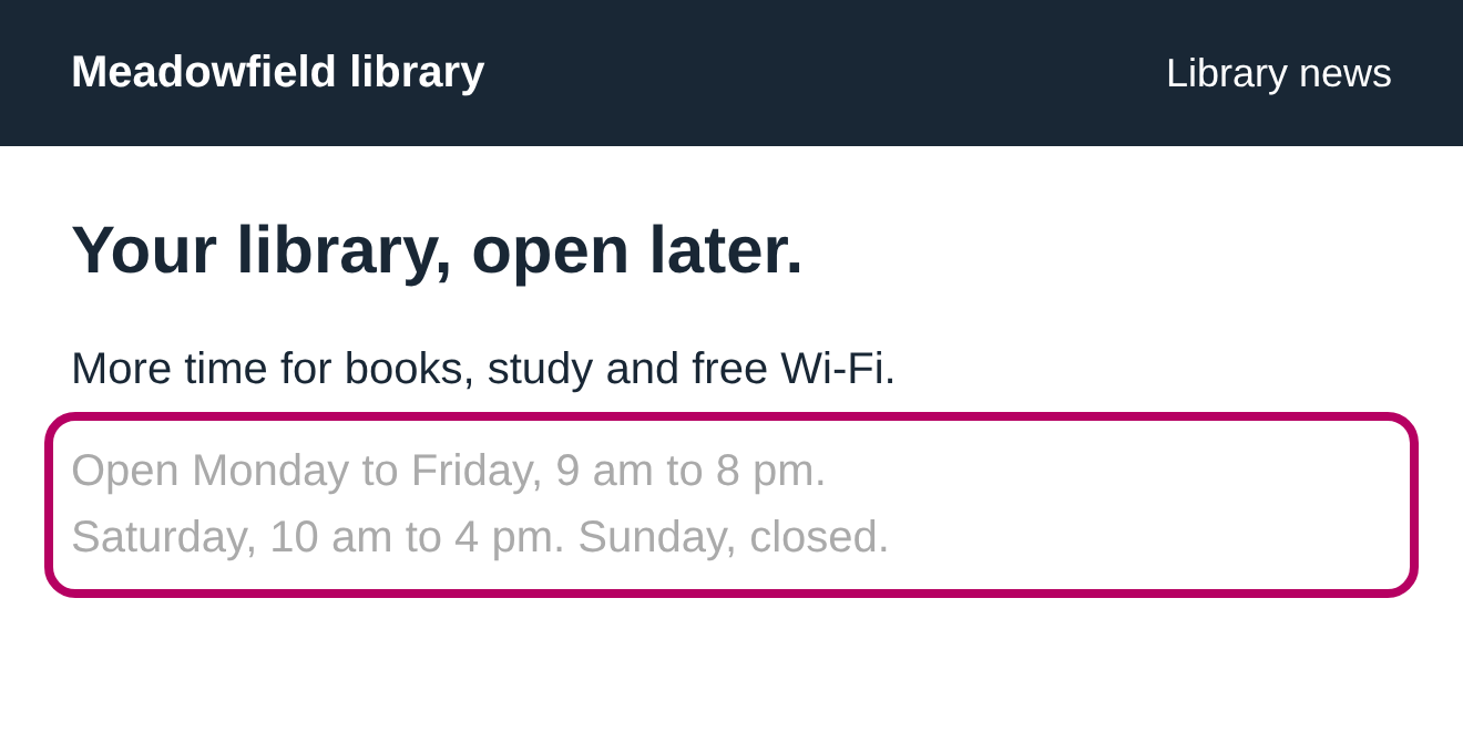 Library hours are pale gray on white, inside a pink outline.