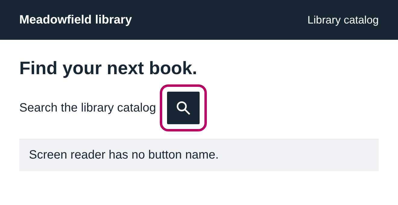 A magnifying-glass button has no text name, inside a pink outline. A note says the screen reader has no button name.