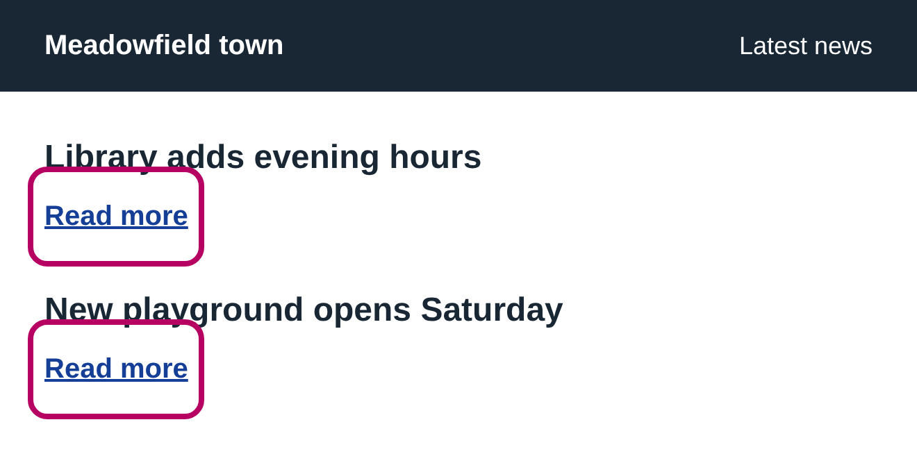 Two news cards have separate links that both say Read more, each inside a pink outline.