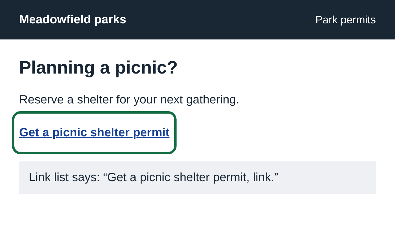 The same page now has a link labeled Get a picnic shelter permit, inside a green outline.