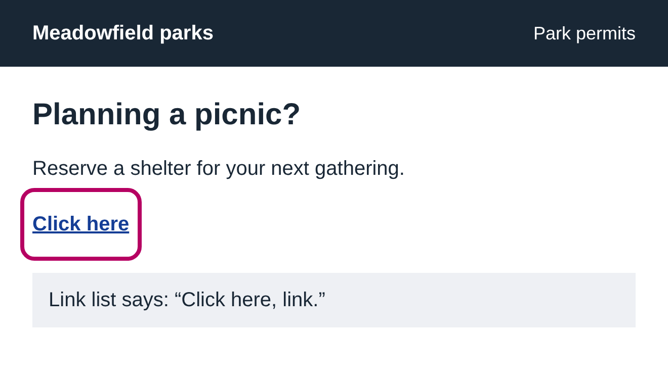 A picnic permit page has a link labeled Click here, inside a pink outline. A note shows Click here in a link list.